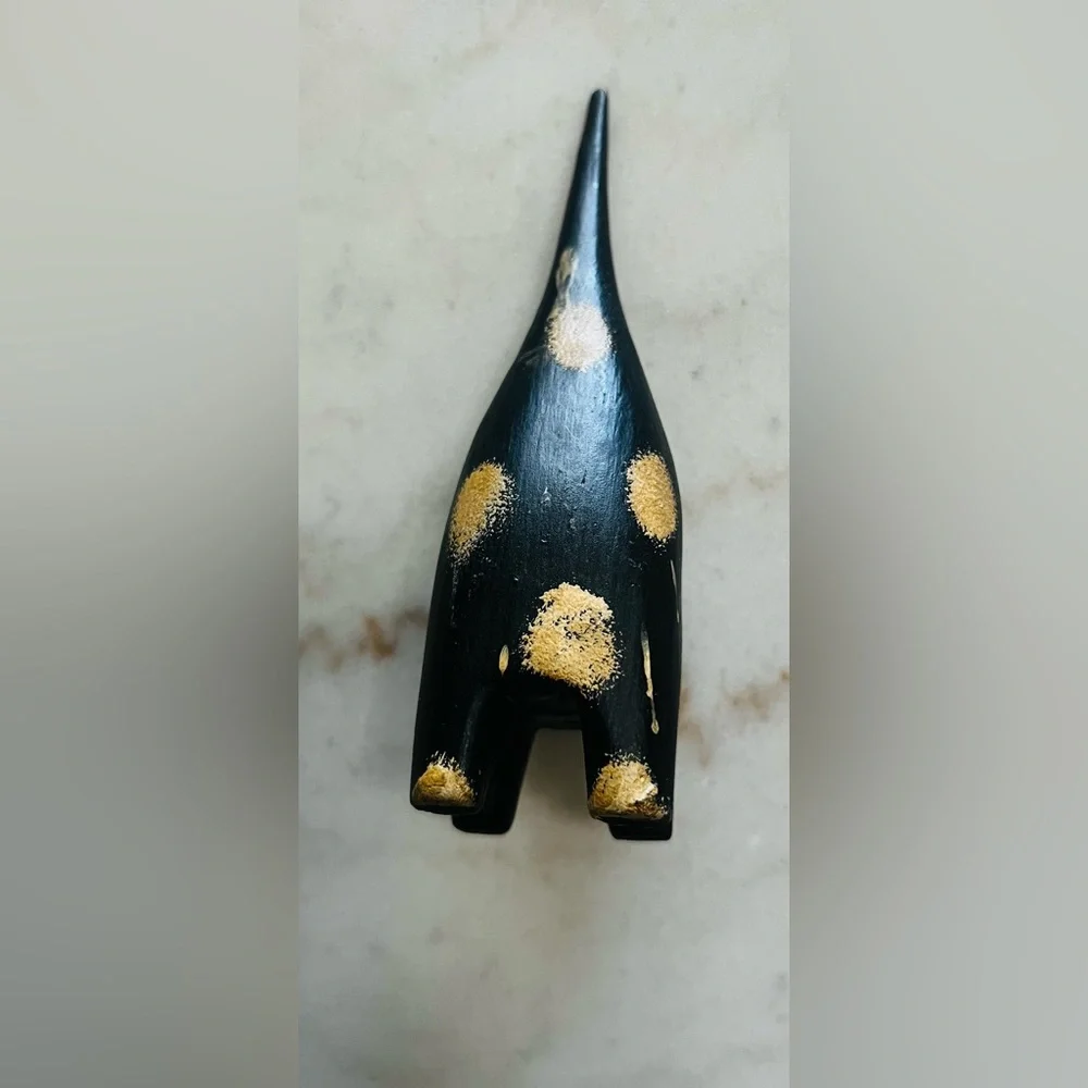 VTG Hand Carved Wooden Black Cat Figurine Folk Art Hand Painted Spotted Kitty
